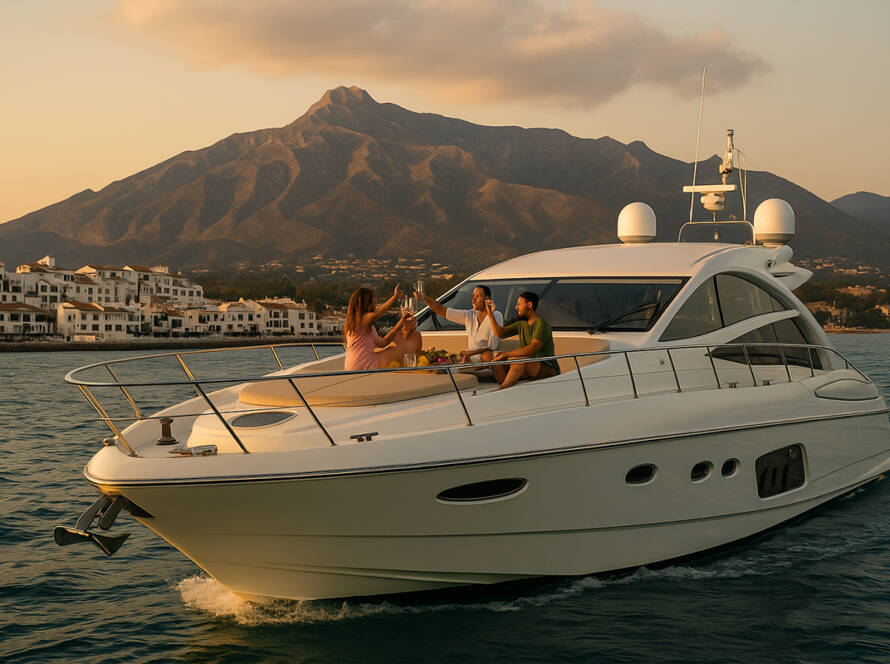 Private boat in Marbella with a clear view of the coast and sunset, showing a luxury yacht rental experience