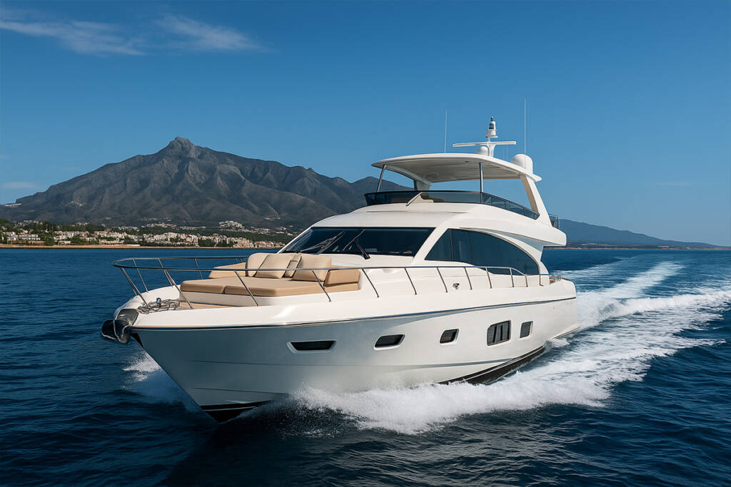 Private boat in Marbella with a clear view of the coast and sunset, showing a luxury yacht rental experience